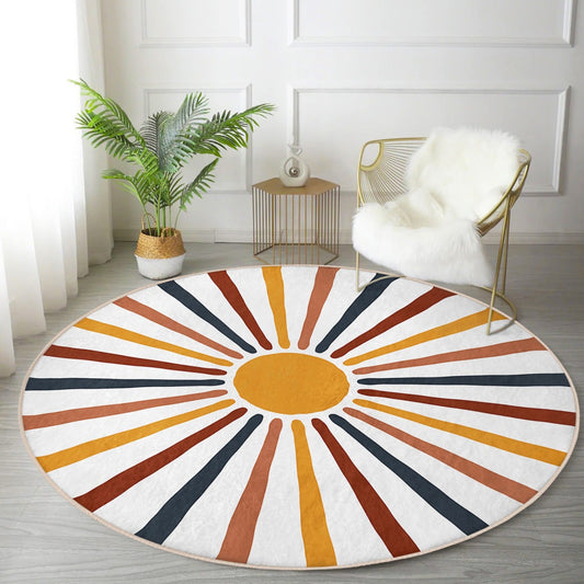 Abstract Round Rug, Sun Floor Carpet, Geometric Non Slip Circle Rugs,