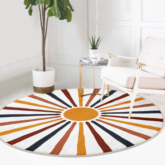 Abstract Round Rug, Sun Floor Carpet, Geometric Non Slip Circle Rugs,