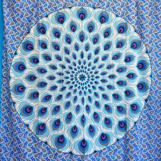 Blue Geometric Design Peacock Tapestry