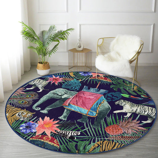 Boho Home Decorative Elephant Pattern Washable Round Rug | Homeezone
