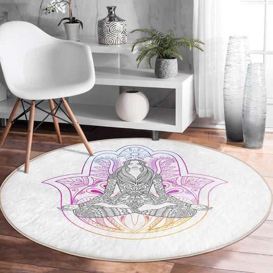 Serene Yoga Meditation Pattern Washable Round Rug | Homeezone