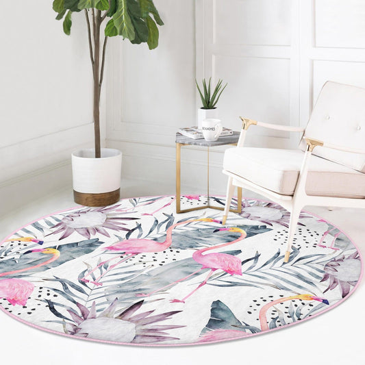 Floral and Flamingo Patterned Decorative Round Rug, Living Room